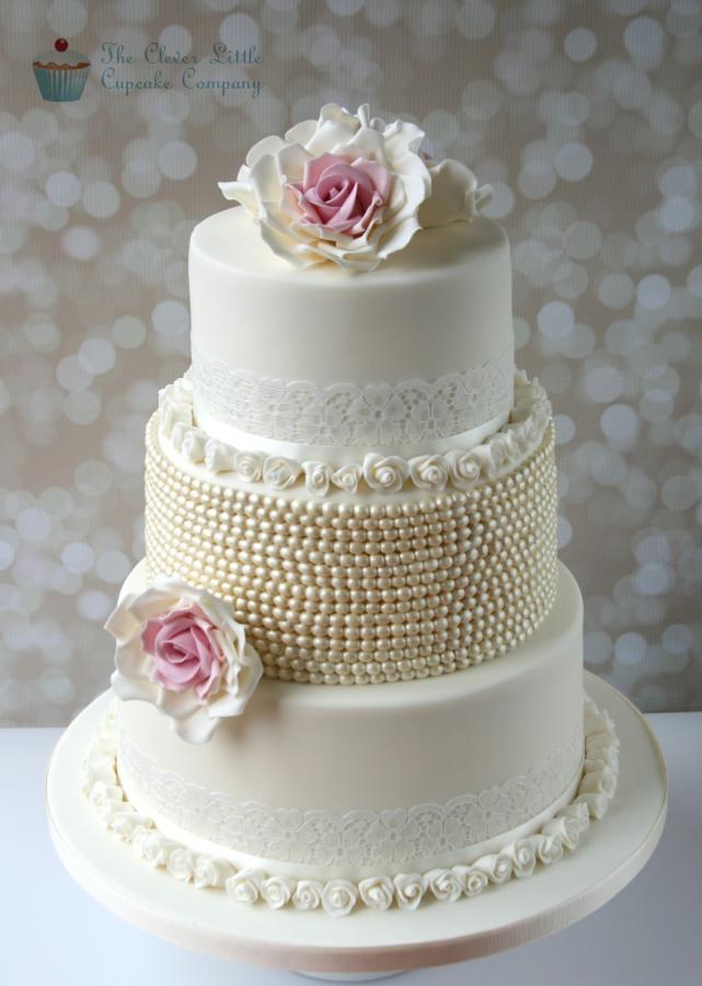 Vintage Lace and Pearl Wedding Cake