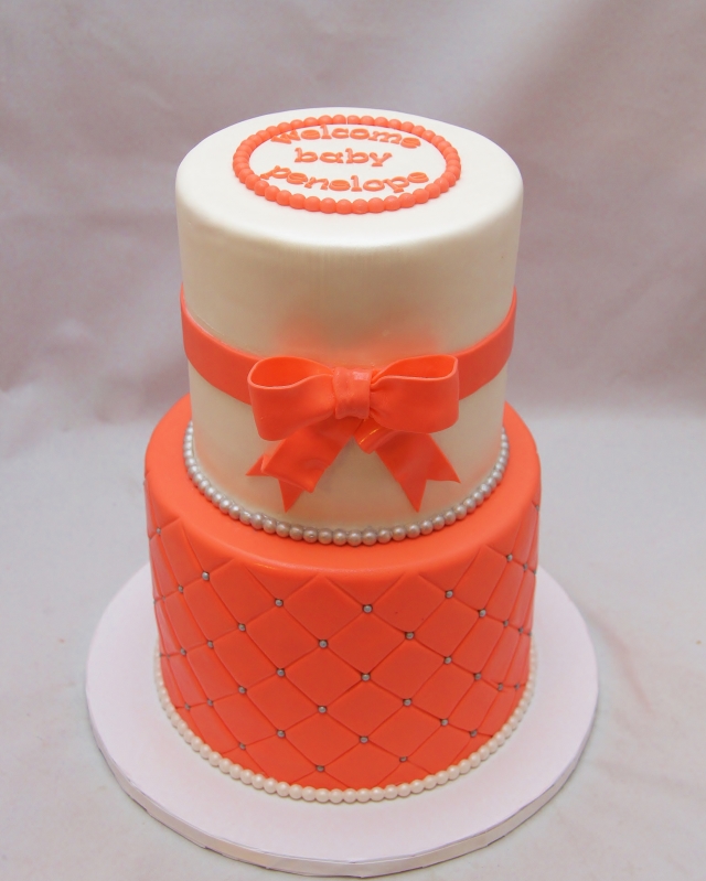 White and Coral Baby Shower Cake