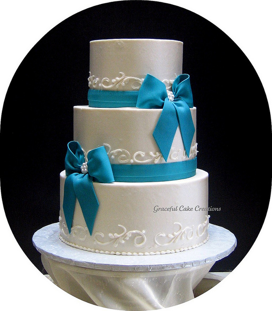 White and Teal Wedding Cake