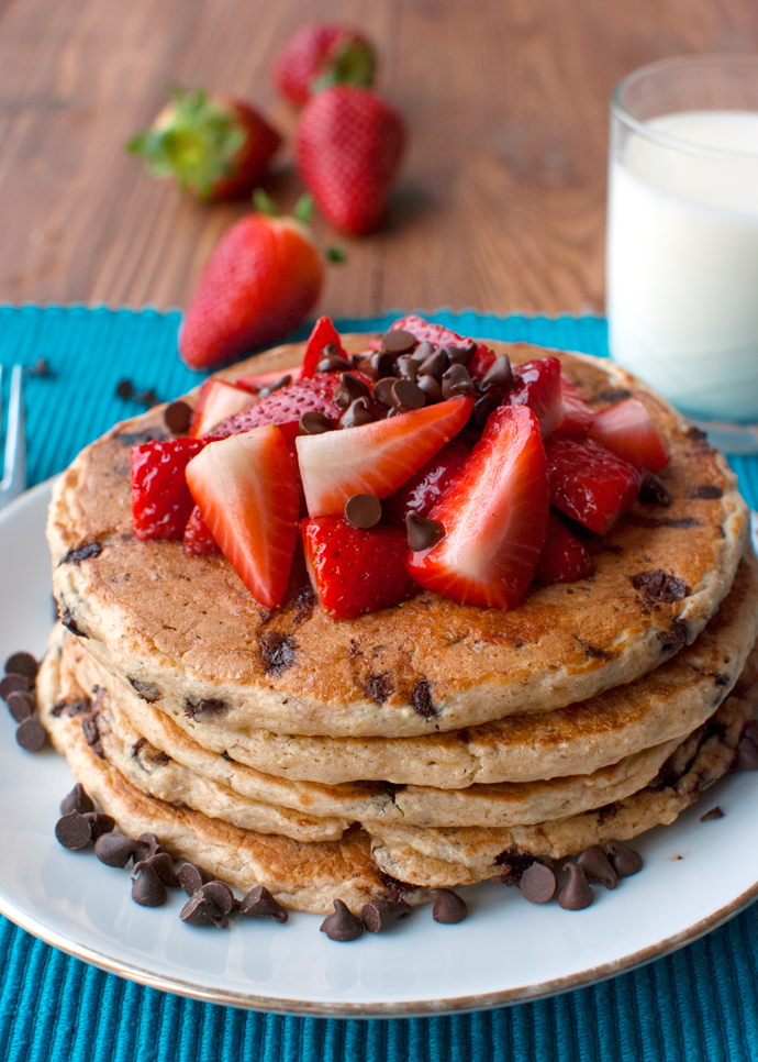 Chocolate Chip Pancakes with Strawberries