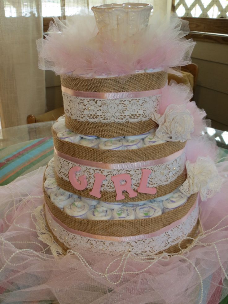 Burlap and Lace Diaper Cake