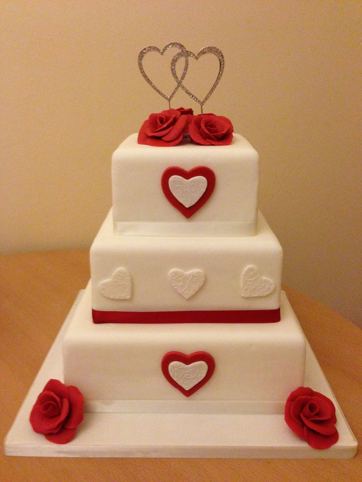 Red and White Square Wedding Cake