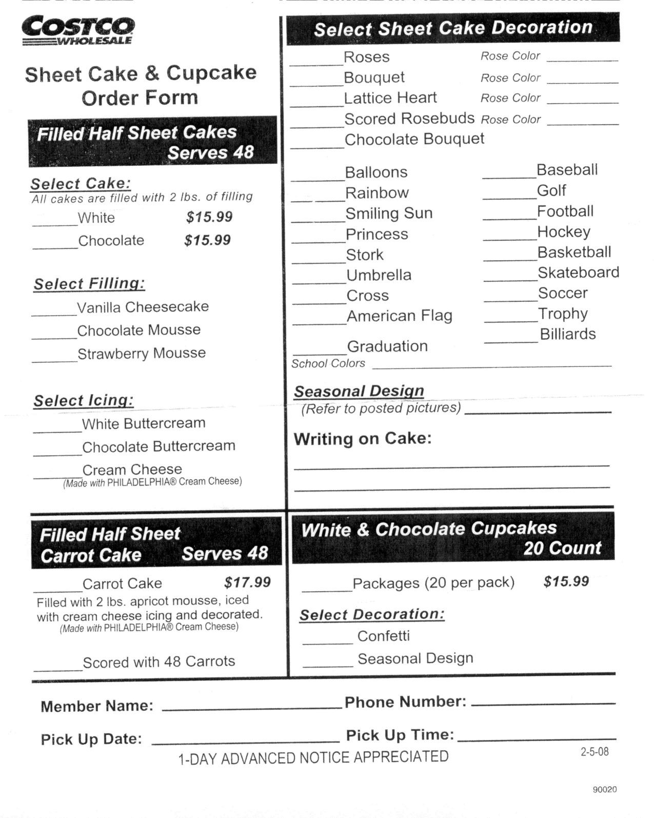 Costco Cake Order Form