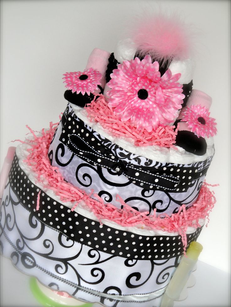 Pink and Black Damask Diaper Cake