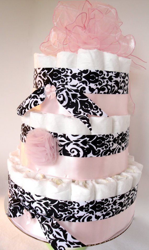 Pink and Black Damask Diaper Cake