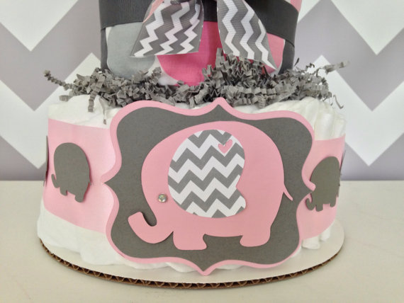 Pink Chevron Elephant Baby Shower Diaper Cake