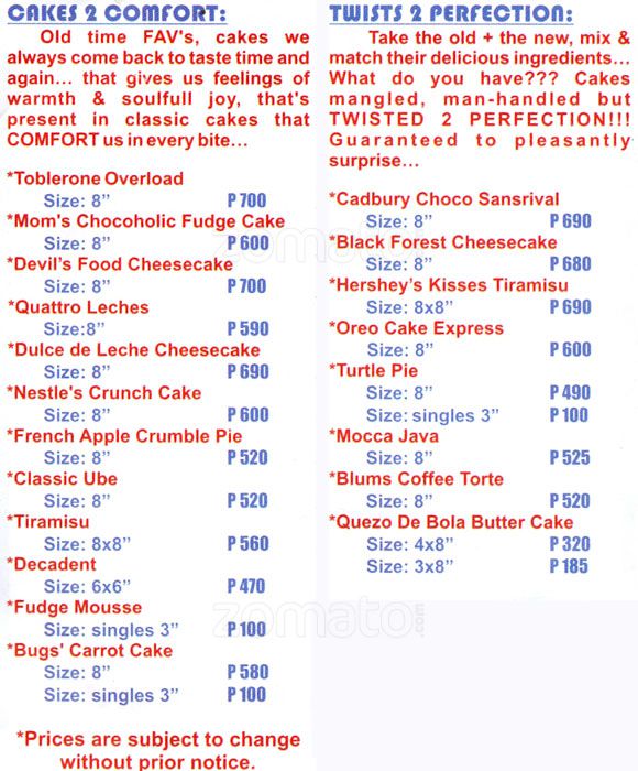 Cake to Go Menu