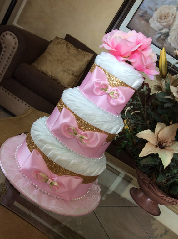 Gold and Pink Baby Shower Diaper Cake