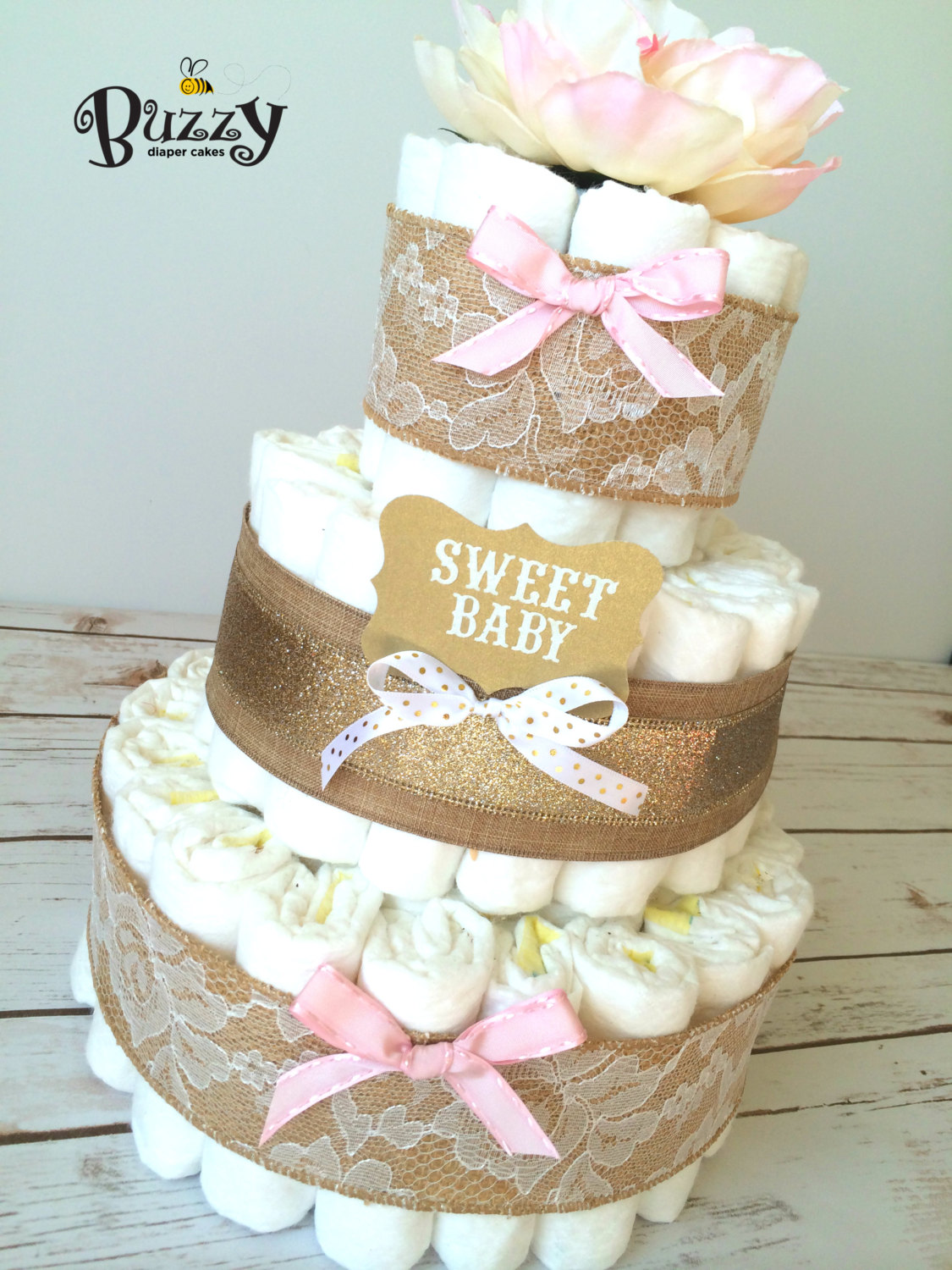 Gold and Pink Baby Shower Diaper Cake