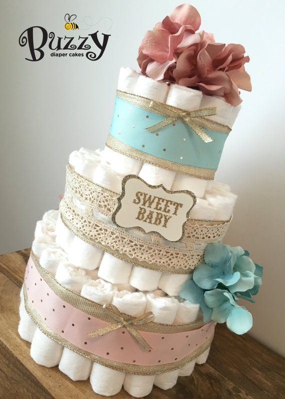 Gold and Pink Diaper Cake for Girls