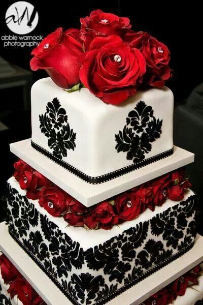 Black and White Wedding Cake with Red Roses