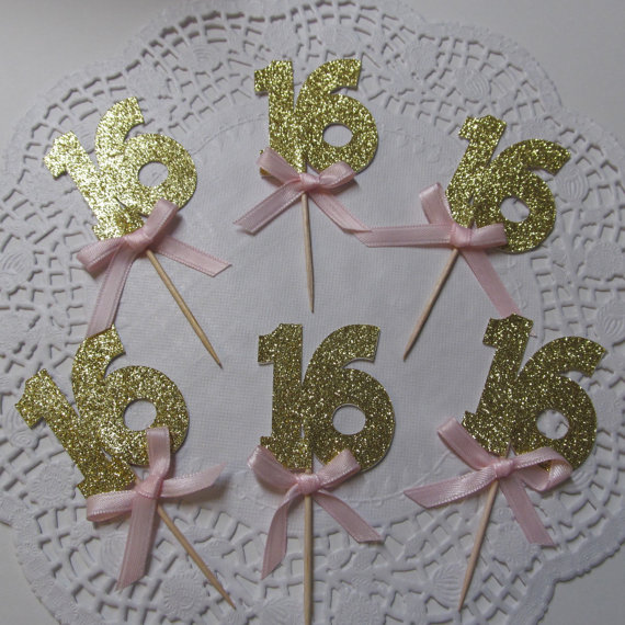 Gold Glitter Sweet 16 Cupcake Topper