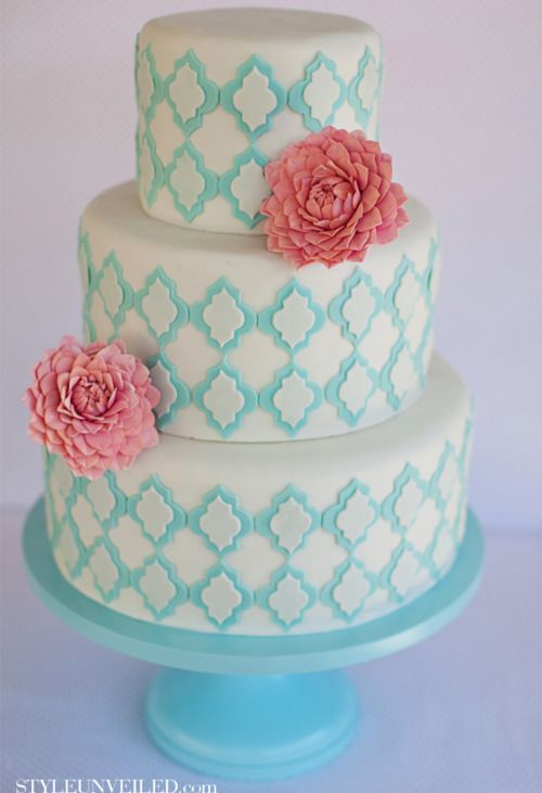 Pink and Blue Wedding Cake with Flowers