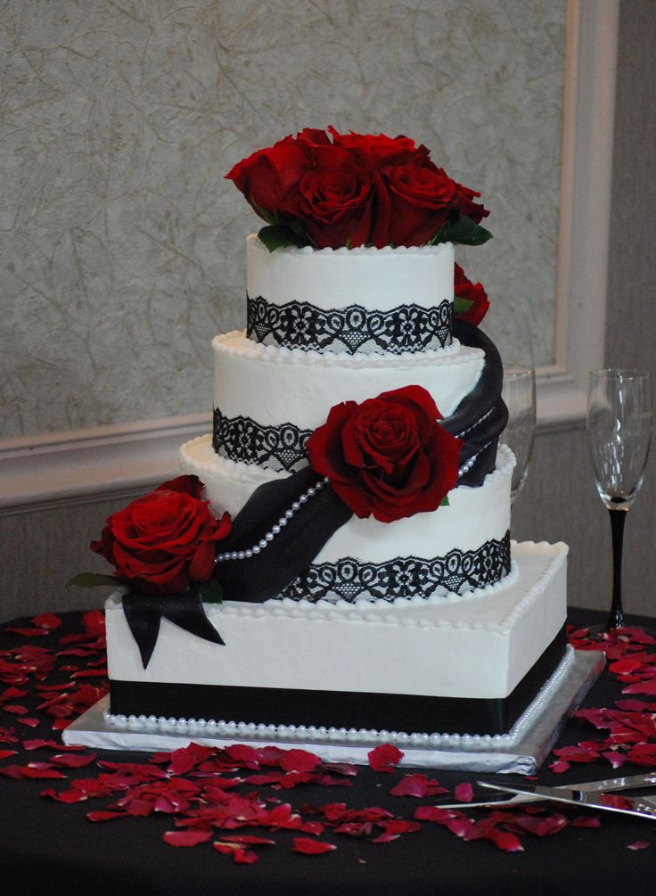 Red and Black Wedding Cake with Roses