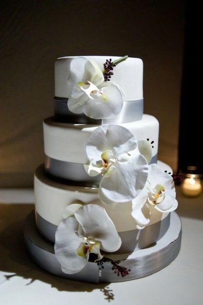 Silver White Wedding Cake with Ribbon