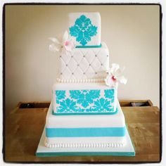 Teal Damask Wedding Cake