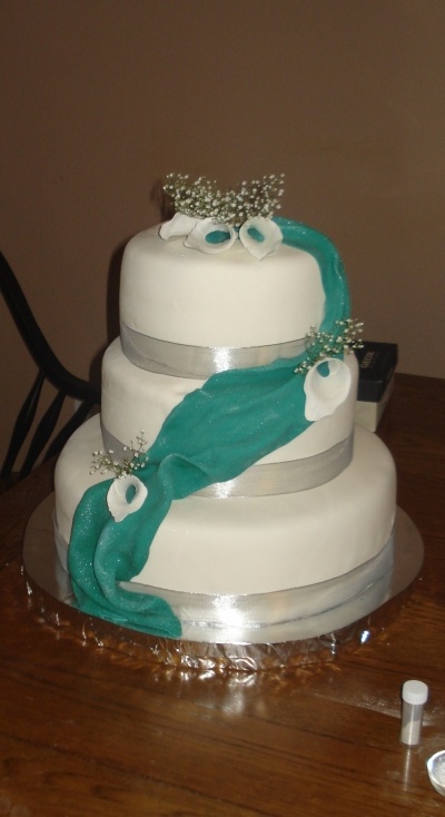 Teal White and Silver Wedding Cake