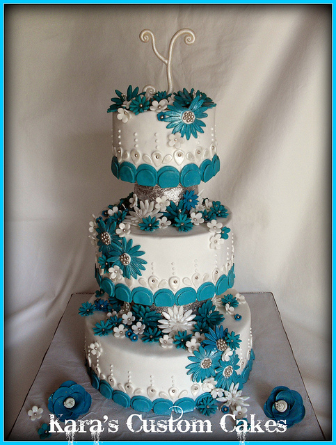 White and Teal Wedding Cake