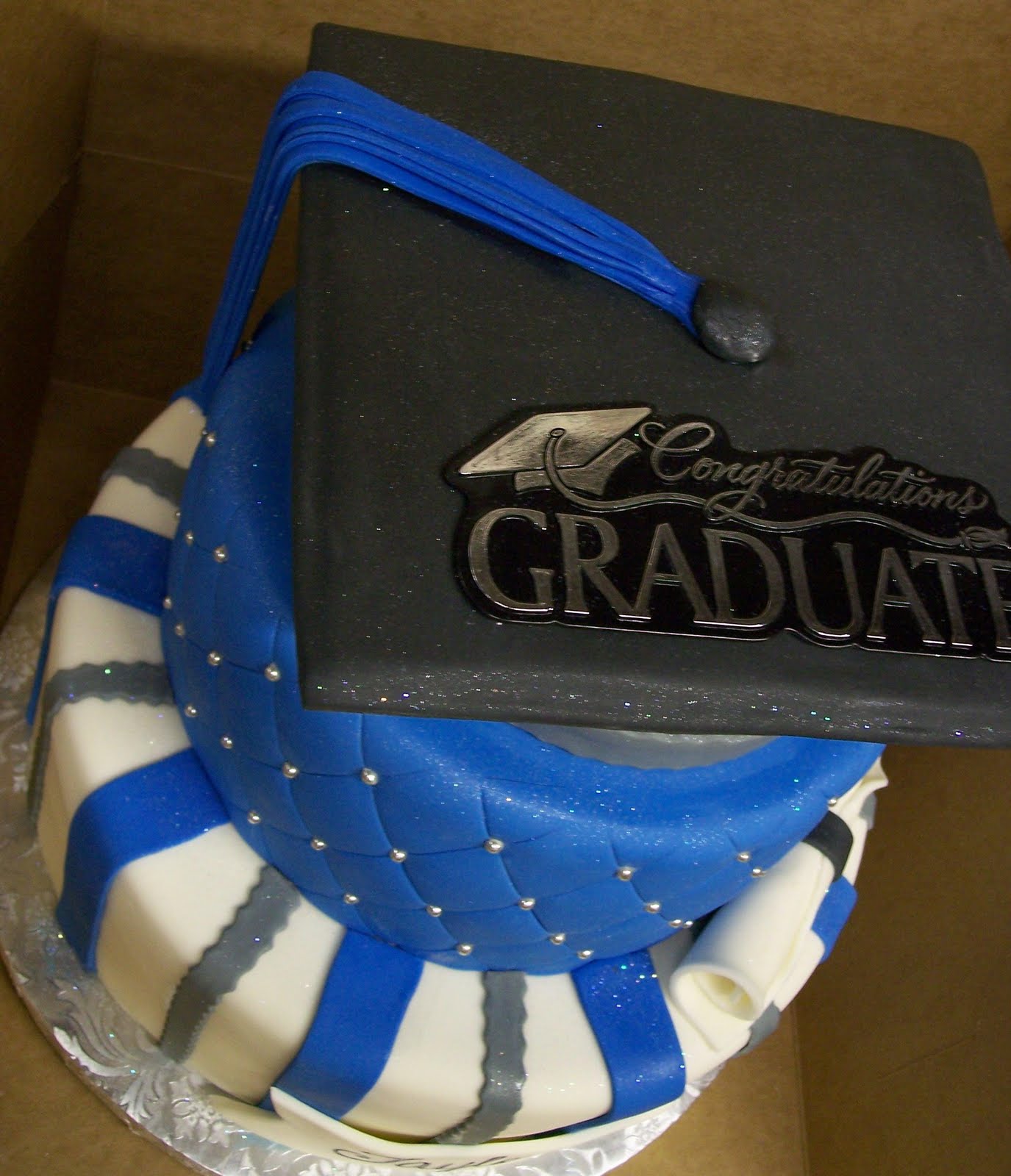 Blue and Silver Graduation Cake