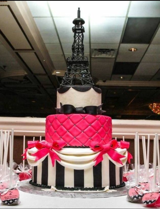 Pink and Black Paris Theme Cake