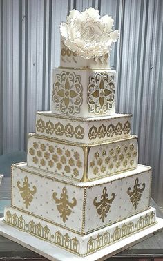 Gold and White Square Wedding Cake