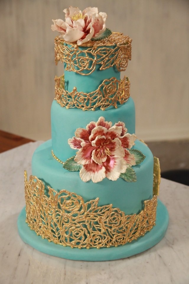 Turquoise and Gold Wedding Cake