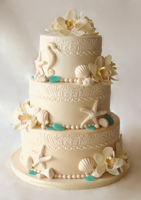 6 Seashell Wedding Cakes With Orchids Photo Blue Orchid Themed