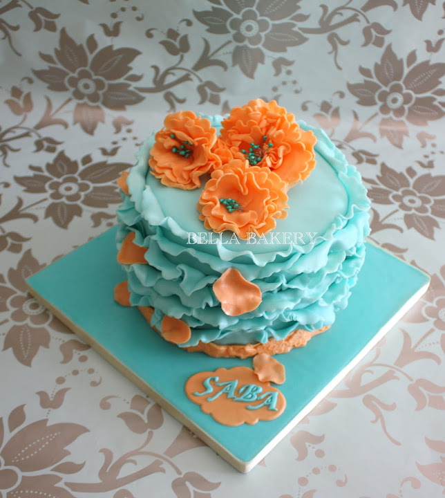 Coral and Teal Birthday Cake