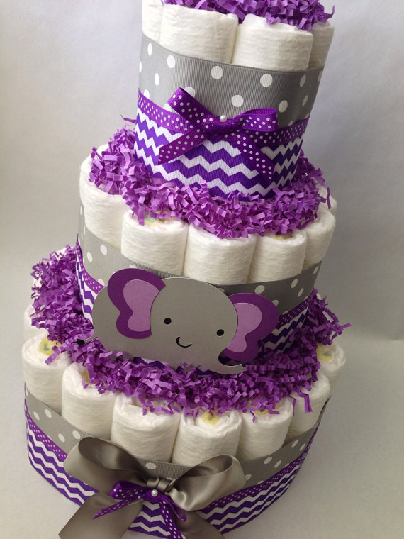 Purple and Gray Elephants Baby Shower Diaper Cakes