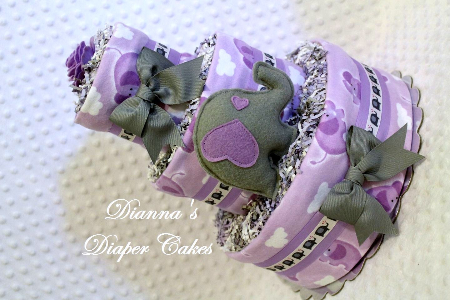 Purple and Gray Elephants Baby Shower Diaper Cakes
