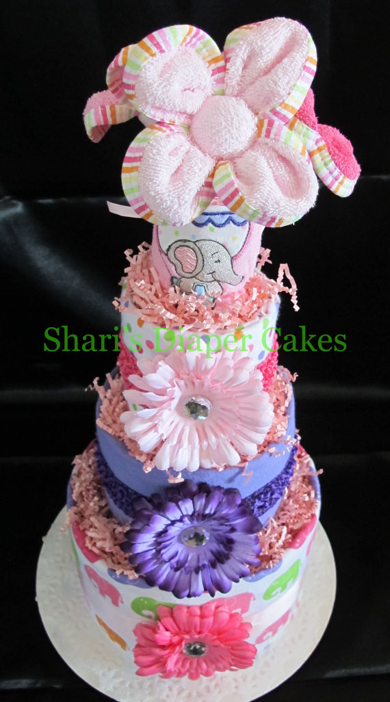 Purple and Pink Elephant Diaper Cake