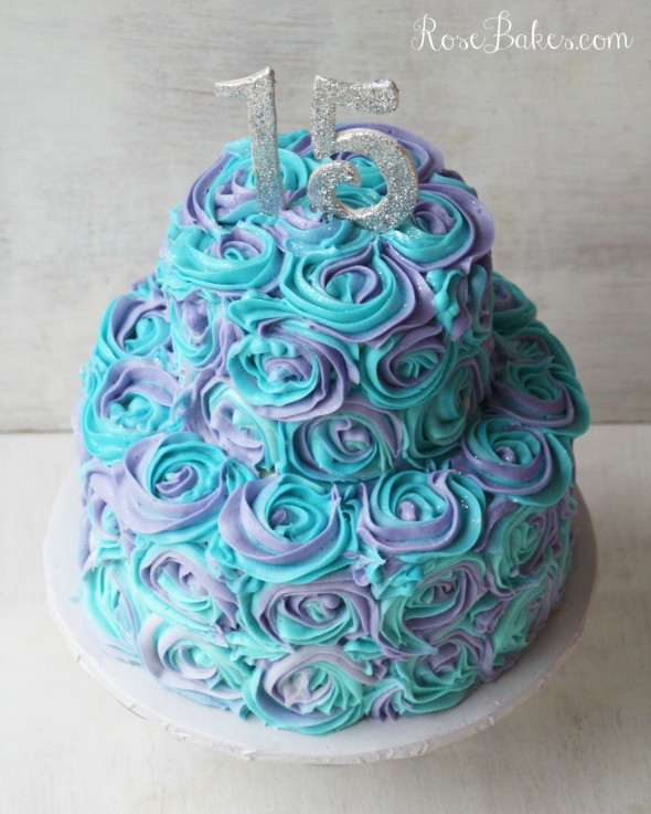Teal and Purple Roses Birthday Cake