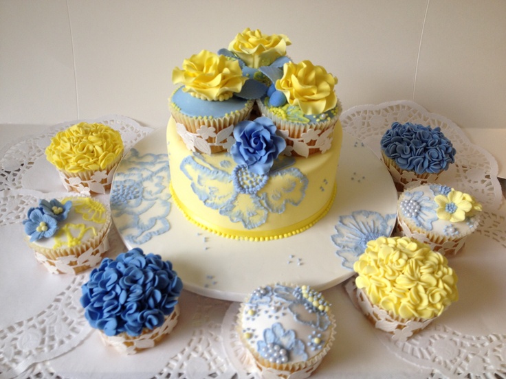 Wedding Cupcakes Blue and Yellow Roses