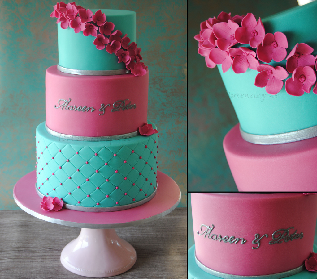 Pink White and Turquoise Wedding Cake