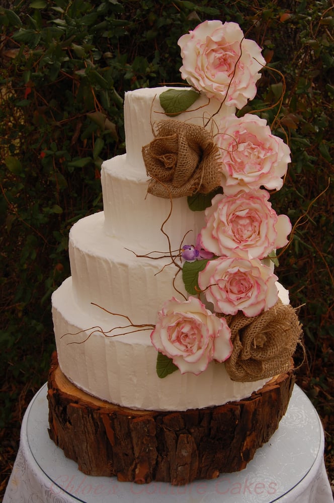 Rustic Burlap Wedding Cake with Roses