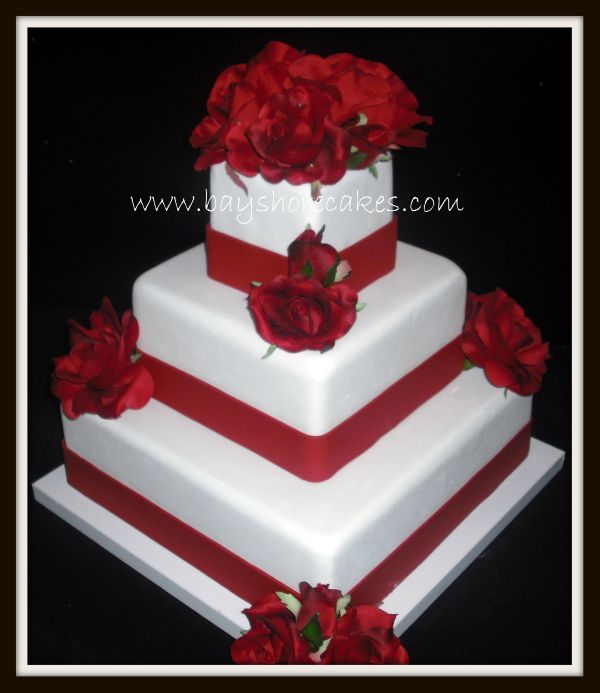 Three Tier Square Wedding Cake with Red Roses