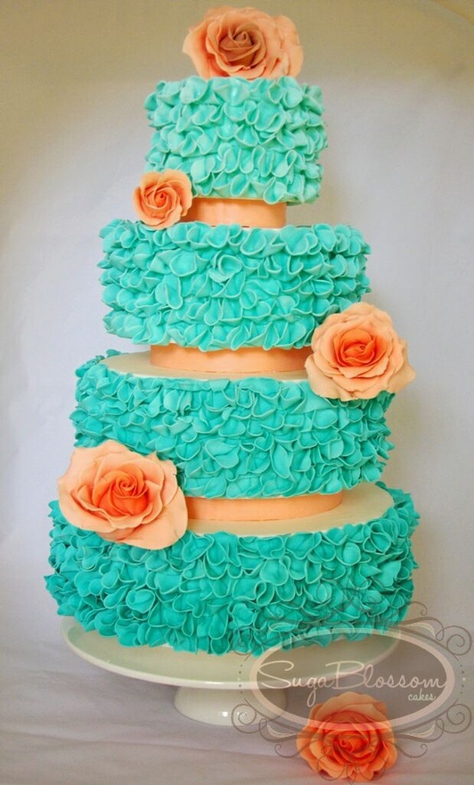 Tiffany Blue and Peach Wedding Cake