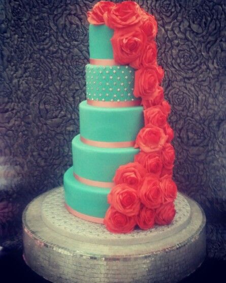 Turquoise and Coral Wedding Cake