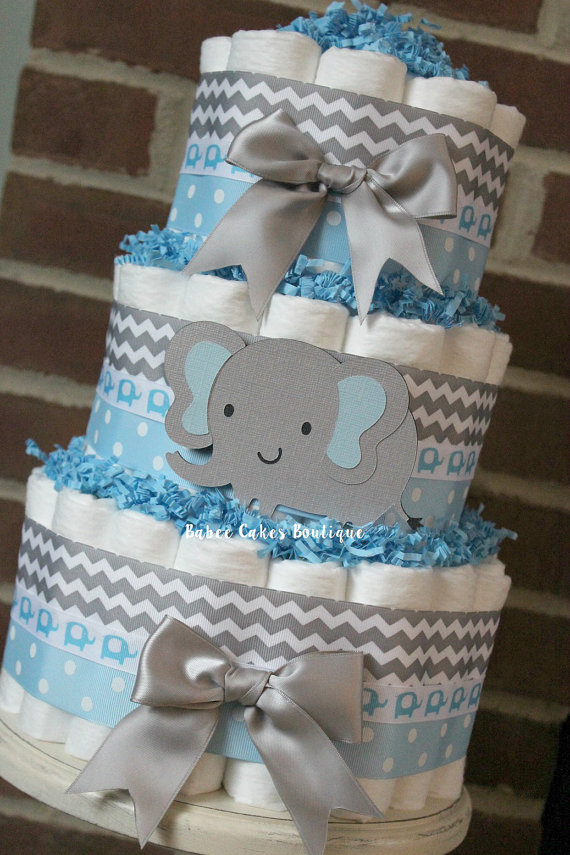 Blue and Gray Elephant Baby Shower Diaper Cake