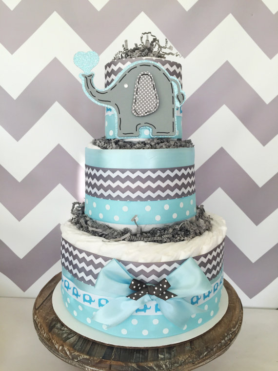 Blue and Gray Elephant Baby Shower Diaper Cake