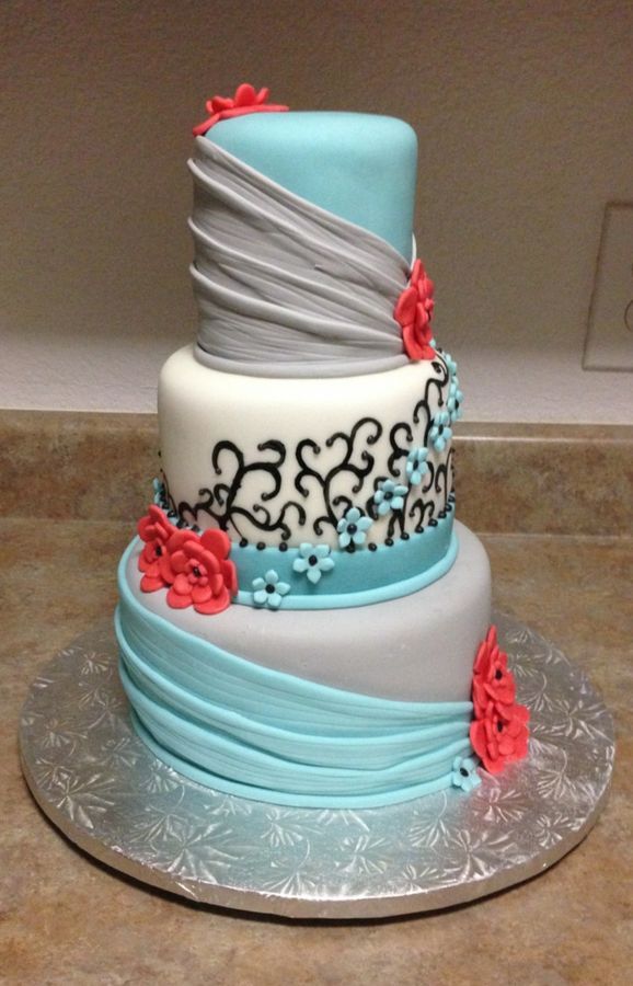 Coral and Teal Chevron Birthday Cake