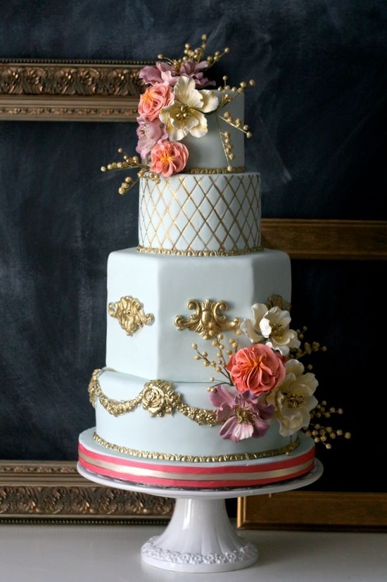 Gold and Coral Wedding Cake