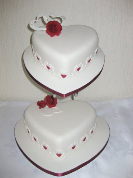 Red and White Heart Shaped Wedding Cake