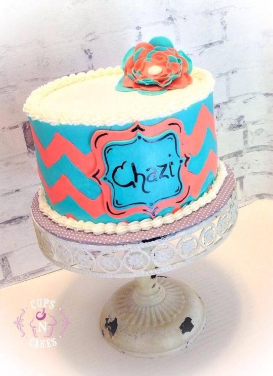 Teal and Coral Chevron Cake