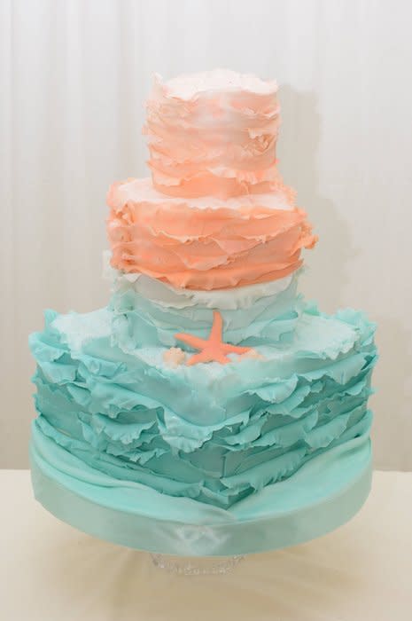 Teal and Coral Wedding Cake