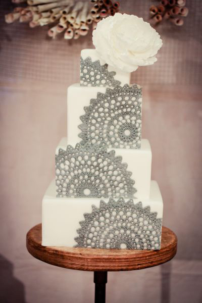 Grey and White Lace Wedding Cake