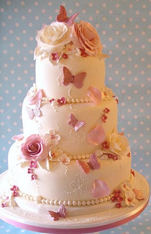 Pink Rose and Butterfly Wedding Cake