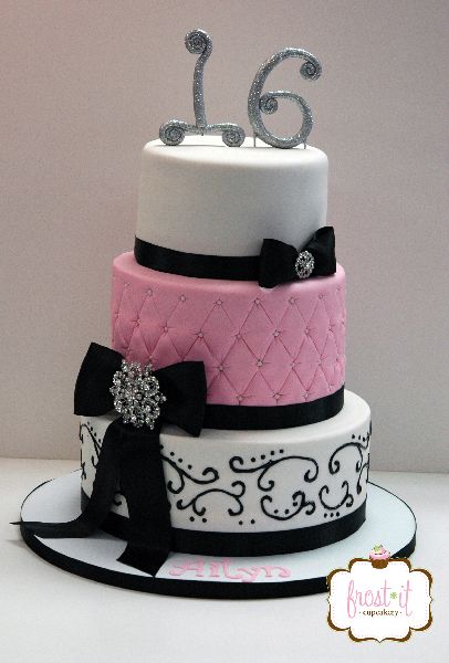 Pink and Black Sweet 16 Birthday Cake