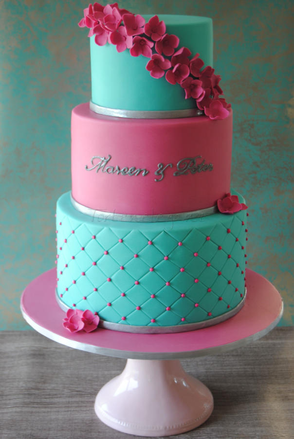 Pink and Teal Wedding Cake