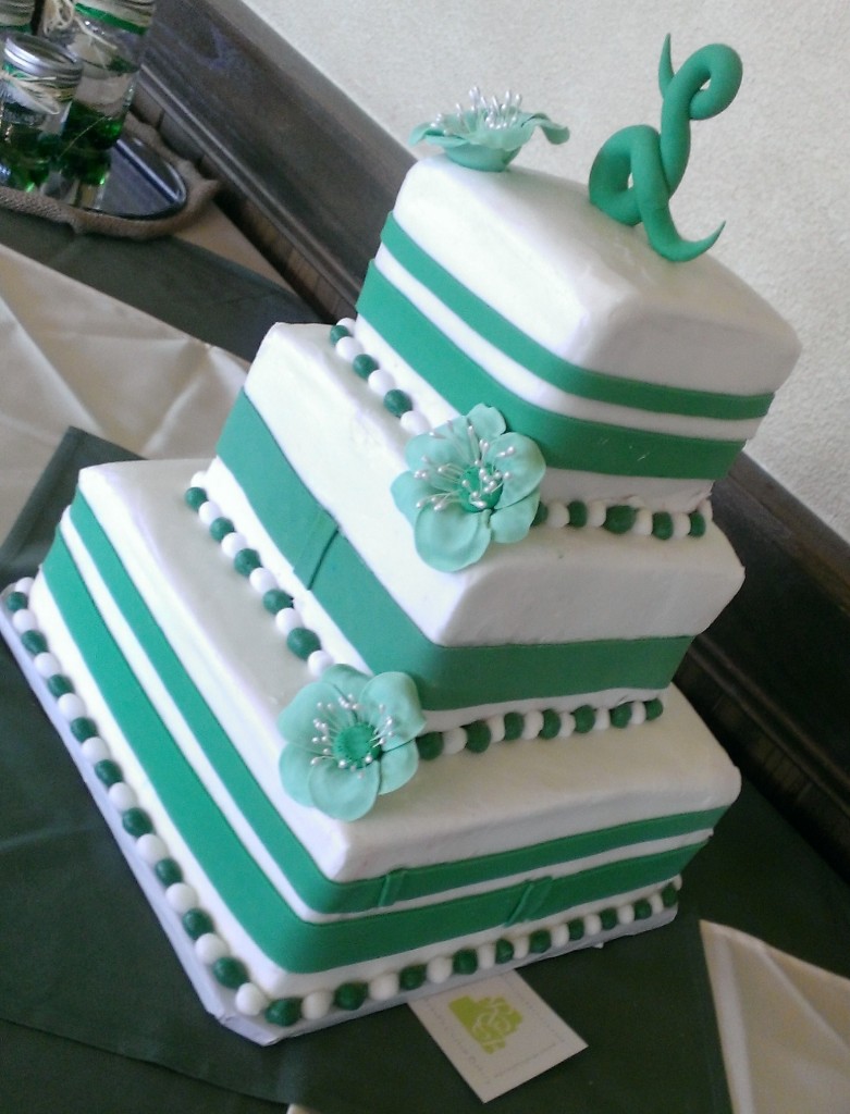 Teal Wedding Cake with White Flowers